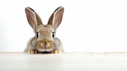 Obraz premium Young rabbit in front of white isolated background, cute bunny sitting