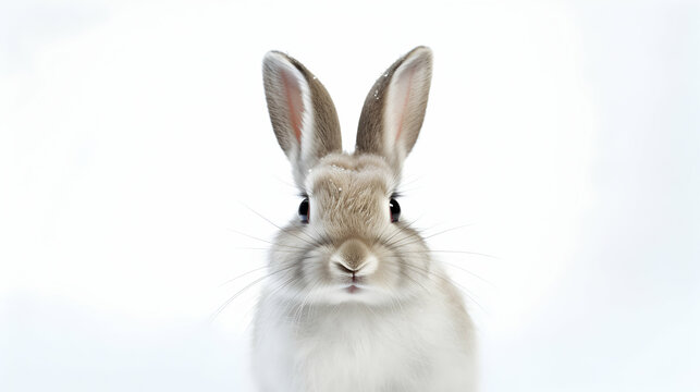Young rabbit in front of white isolated background, cute bunny sitting, generative ai