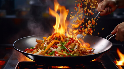 Professional chef frying a spicy stir fry squid. Generative AI