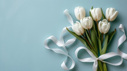Postcard banner for The Eighth of March.  White tulips. Tied with a ribbon on a blue background 