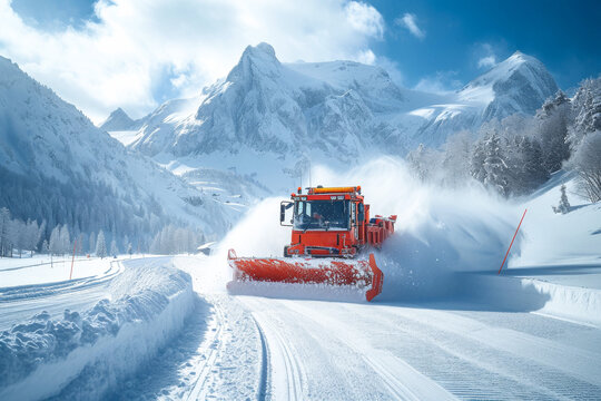 Snow Groomer Preparing Ski Slope in Picturesque Mountain Landscape
