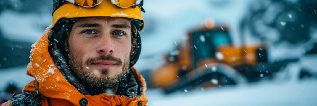 Snow Groomer Driver in Winter Gear with Vehicle in Alpine Backdrop
