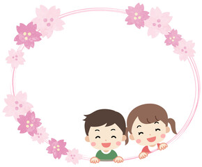 春の桜と子供のフレーム素材イラスト