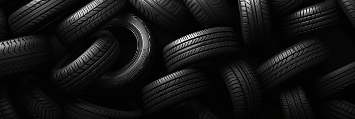 Tire shop, auto service and car wheel tyre store. Pile of automobile black rubber tires advertising banner with tracks of wheel trade and discount price offer  - obrazy, fototapety, plakaty