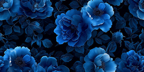 blue flowers on a black background - obrazy, fototapety, plakaty