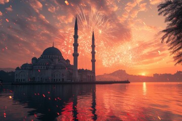 Fototapeta premium fireworks illuminates the sky above an ornate mosque, casting a magical glow