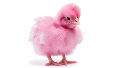 Pink easter little chicken stands on isolated white background, with copy space, greetings card template,  generative ai