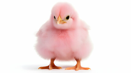 Pink easter little chicken stands on isolated white background, with copy space, greetings card template