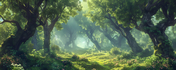 Fototapeta na wymiar A vibrant green lush forest with numerous trees, rich grass, and sunlight creating exotic fantasy landscapes. The scene evokes the essence of Southeast Asia's deep tropical jungles.