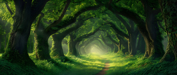 Obraz premium A vibrant green lush forest with numerous trees, rich grass, and sunlight creating exotic fantasy landscapes. The scene evokes the essence of Southeast Asia's deep tropical jungles.