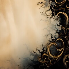 Glossy black ink spreading over a solid, parchment-like background with elegant swirls