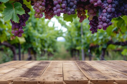 Empty wooden table over purple grape garden background. product display.
