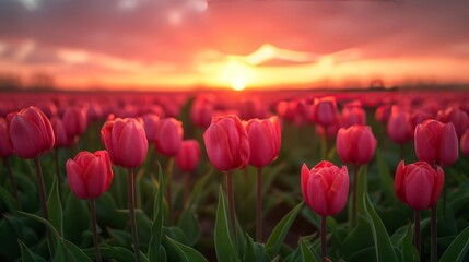 Spring tulip flower field at sunrise