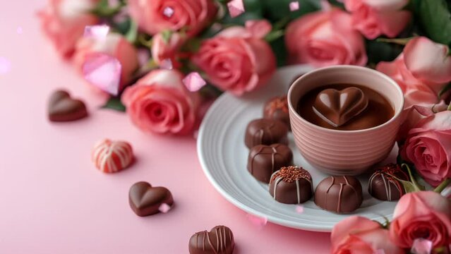 Valentine's Day. Women's day. A packet of chocolates served with flowers on a pink background. Seamless looping 4k time-lapse virtual video animation background  Generated with Al
