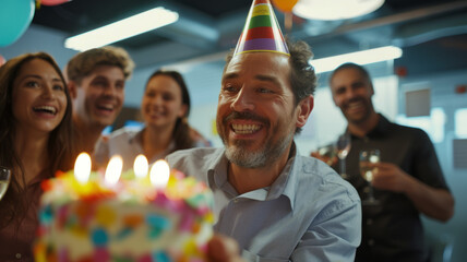 A middle-aged man celebrates his birthday with colleagues
