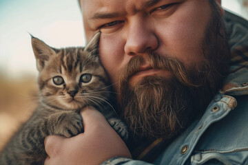 handsome obese bearded man with a kitten in her arms. taking care of a pet.