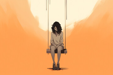 Sad young girl victim of bullying, abuse or domestic violence looking down sitting on swing - obrazy, fototapety, plakaty