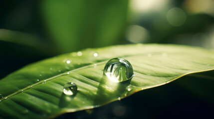 A plant leaf with a blurred background of a garden and a droplet of water reflecting light is pearling along the leaf. Generative AI