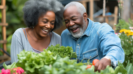Joyful Senior African American Couple Gardening Together