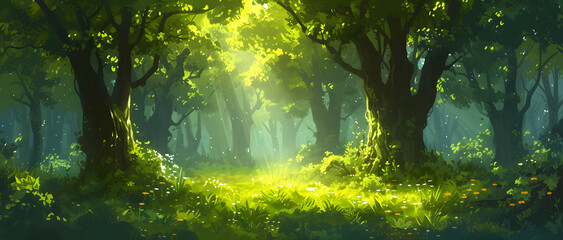 A vibrant green lush forest with numerous trees, rich grass, and sunlight creating exotic fantasy landscapes. The scene evokes the essence of Southeast Asia's deep tropical jungles. - obrazy, fototapety, plakaty