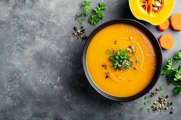 Top view of vegetable soup with carrot and pumpkin in black bowls on a light grey background Copy space available - obrazy, fototapety, plakaty