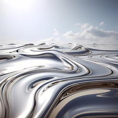 Liquid chrome gracefully flowing over a solid, high-tech surface with precision