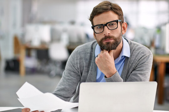 Businessman, portrait and thinking with laptop or documents in finance, budget planning or investment at office. Man, accountant or employee in wonder with paperwork and computer for financial plan