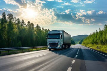 Logistic and freight transport truck moves on sunlit country highway in spring