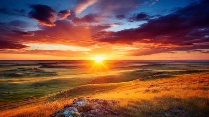 Foto op Plexiglas Sunset on the horizon over a vast landscape, grasslands national park, val marie, saskatchewan, canada. Generative AI © TOTO