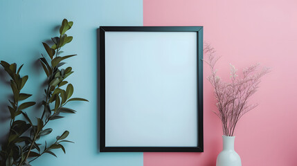 Black Frame Mockup with Plant and Vase Against Duo Tone Background