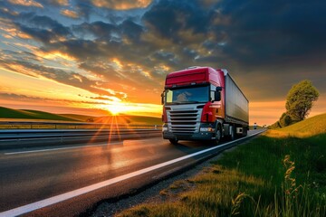 Sunset transportation scene with truck on highway