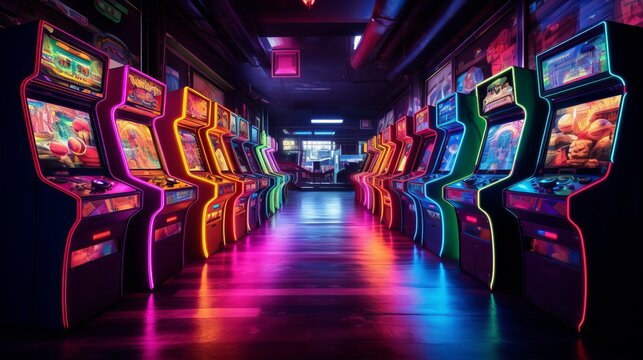 Vibrant neon arcade machines in row