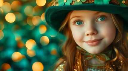 Portrait of a cute little girl with curly red hair wearing a green leprechaun hat. St.Patrick 's Day.