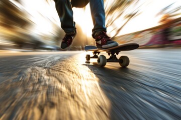 Motion blur of a fast-moving skateboarder’s feet