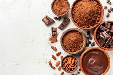 Top view of cocoa products on a white background