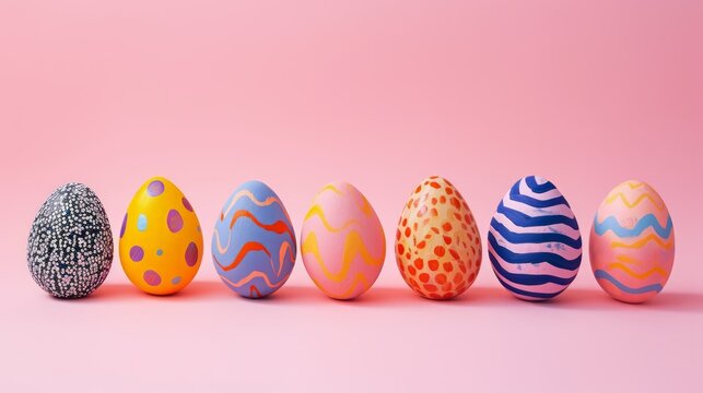 Multicolored Easter eggs with different patterns on a pink background, ideal for spring holidays and decorations