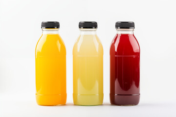 Three bottles of natural vegetable or fruit juices with black caps without labels isolated on a white background.Juice and smoothies from orange, lemon, beets, carrots, banana