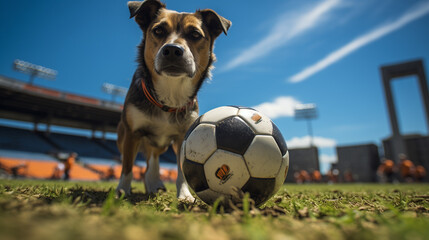 dog playing football with stadium background