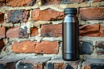 Insulated drink container for coffee or tea near a brick wall background