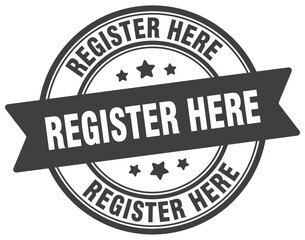 Obraz premium register here stamp. register here label on transparent background. round sign
