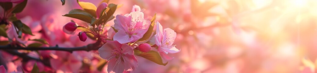 Blooming pink cherry tree branches illuminated by soft sunlight create a dreamy and romantic atmosphere, a banner perfect for spring themes