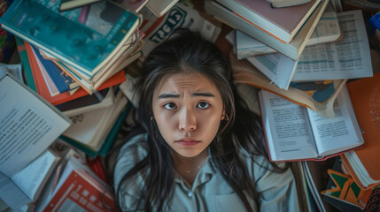 top view of woman student surrounded by textbooks with educational expenses problem - obrazy, fototapety, plakaty