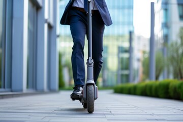Young businessman in a suit commuting to a business meeting on an electric scooter