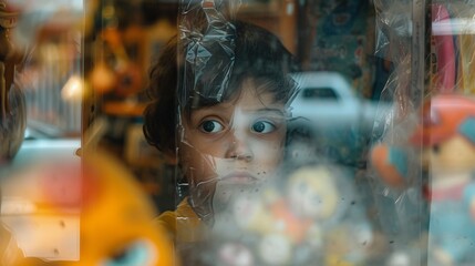 a child with no money looking at a toy shop window toy display behind the glass