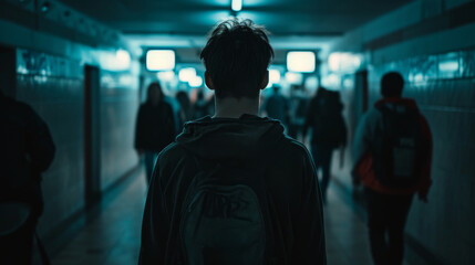 victims of cyberbullying in school teenager boy walking alone in hallway