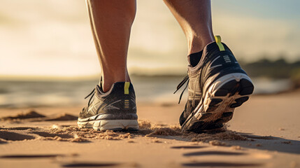 Close up photo from the side of a man's feet running on the beach wearing sports shoes. Generative AI - obrazy, fototapety, plakaty