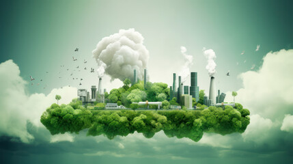 CO2 emission reduction concept with environmental icons, global warming, climate change, sustainable development, Greenhouse, connectivity, renewable energy green business background. Generative AI