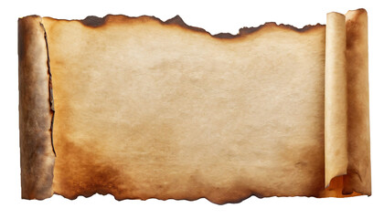 Fototapeta premium Brown paper sheet with burnt edges, with copy space, isolated on transparent background. 