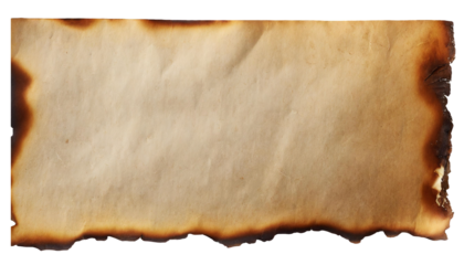 Brown paper sheet with burnt edges, with copy space, isolated on transparent background. 