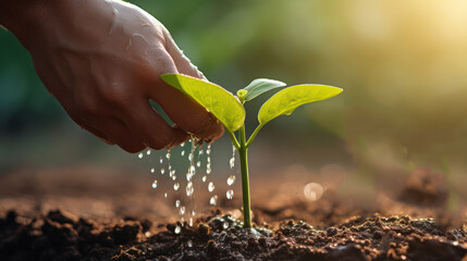 Environment Earth Day In the hands of trees growing seedlings. Close-up hands watering a seedlings on the ground. Generative AI